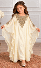 Robe de Cérémonie Fille en Mousseline Brodées Dorées & Manches Papillon- Modèle Princesse - Crème Robe de Cérémonie Fille en Mousseline Brodées Dorées & Manches Papillon- Modèle Princesse - Crème